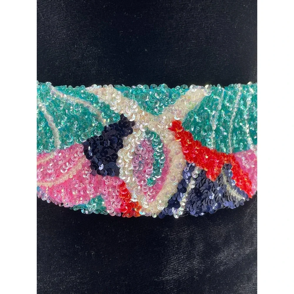 Vintage La Mendola Agosto Mod Art Hand Beaded Multicolor Pure Silk Chiffon Belt